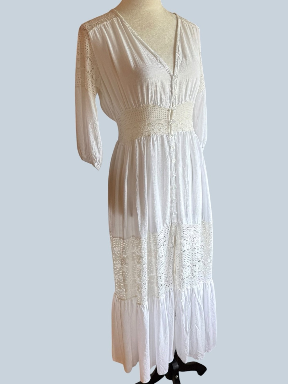 Women's Boho White Crochet-Trim Button-Front Maxi Dress